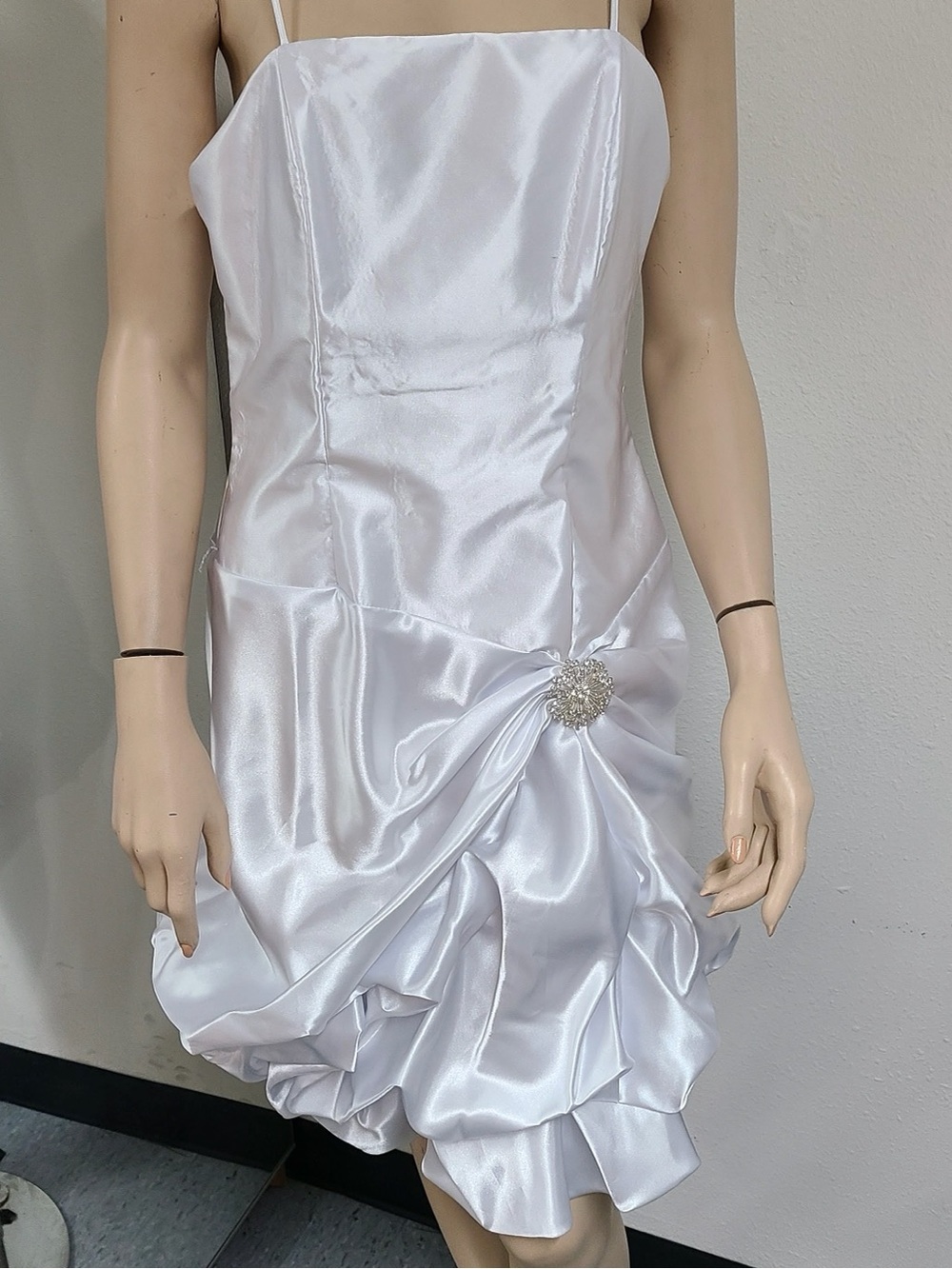 White Satin Spaghetti-Strap Cocktail Dress with Draped Skirt